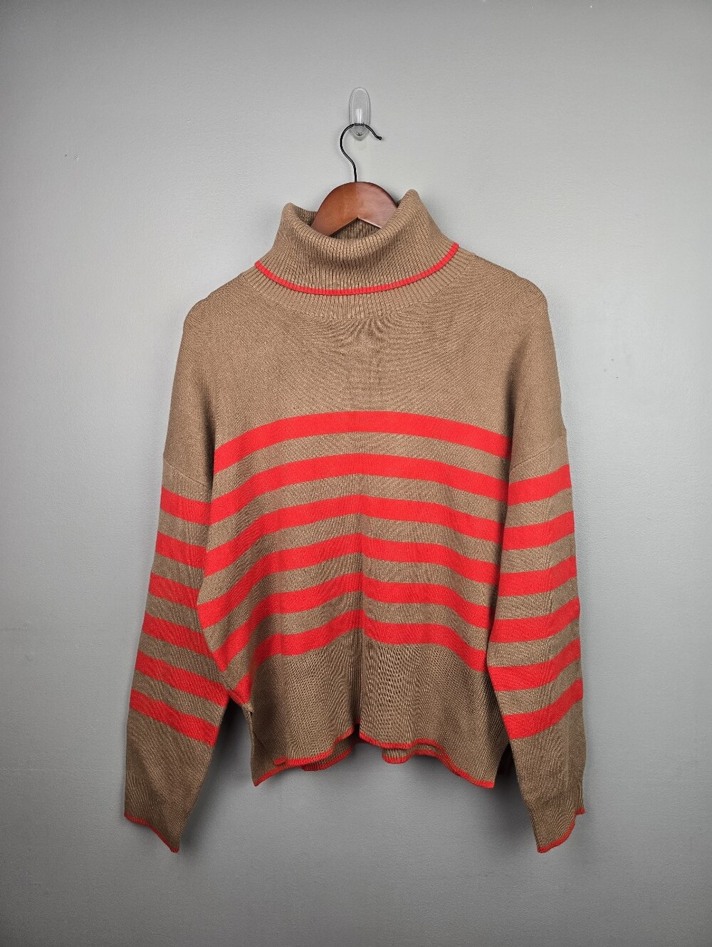 Tahari Chunky Knit Turtleneck Striped Ribbed Sweater Tan Orange Women Sz XL Cozy